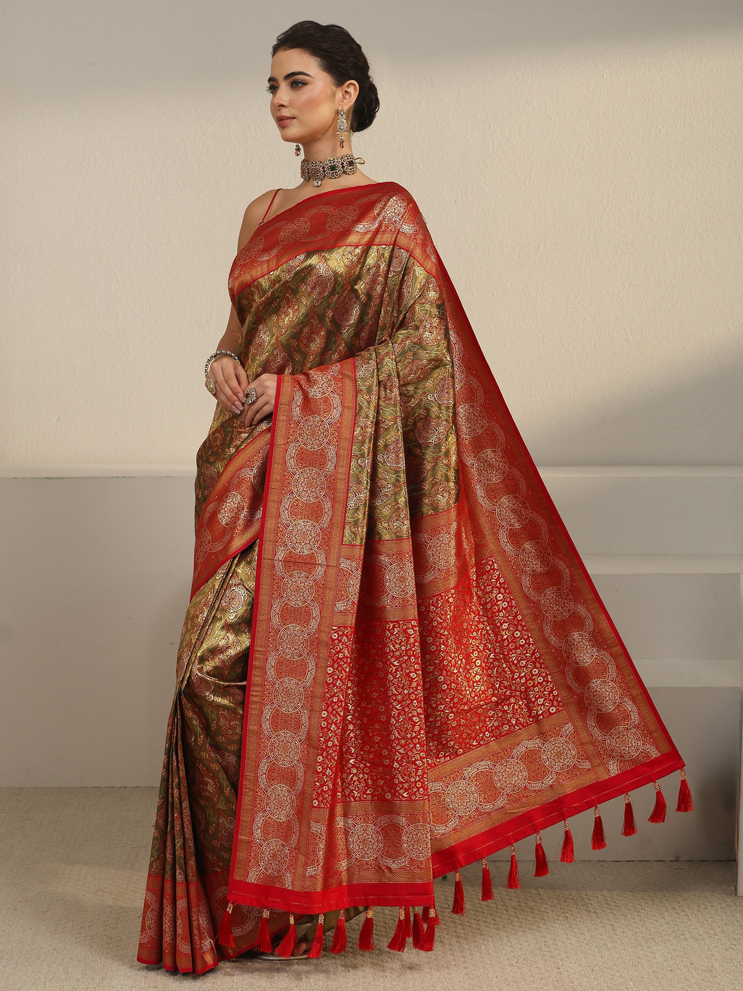  Libas Copper and Green Woven Design Silk Blend Saree 