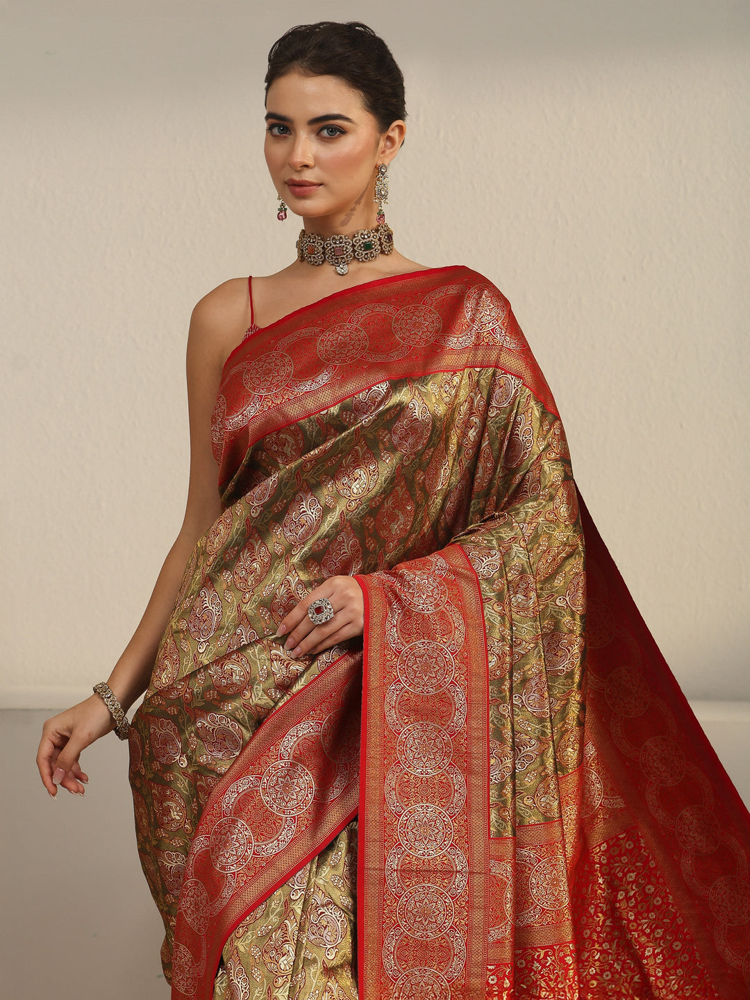 Libas Copper and Green Woven Design Silk Blend Saree 