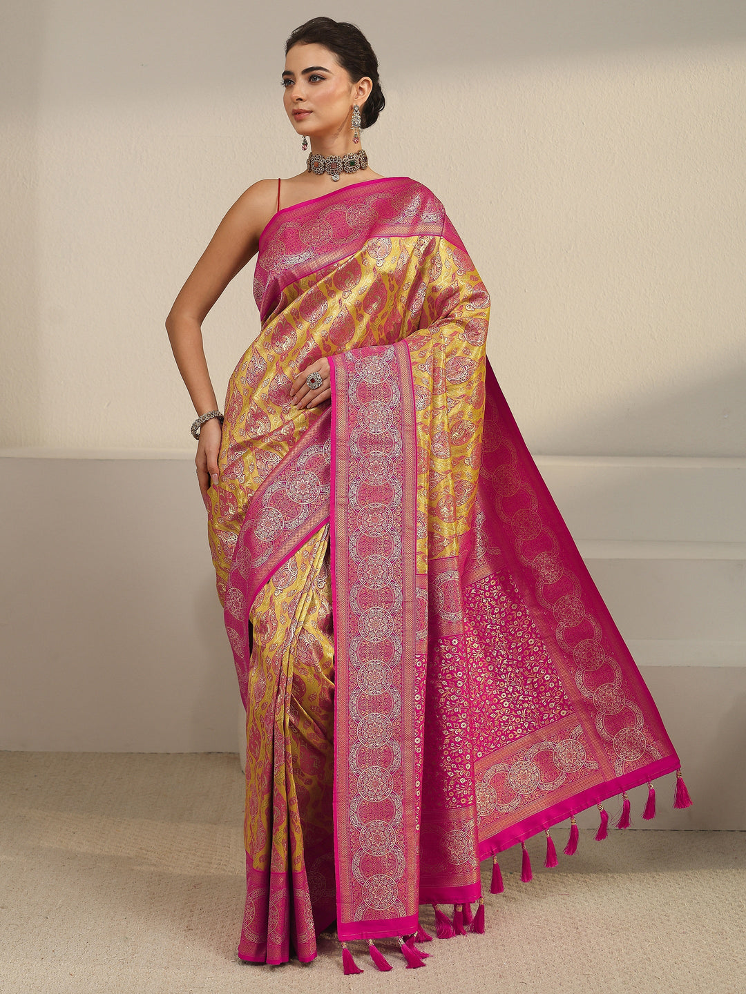  Libas Mustard and Pink Woven Design Silk Blend Saree 