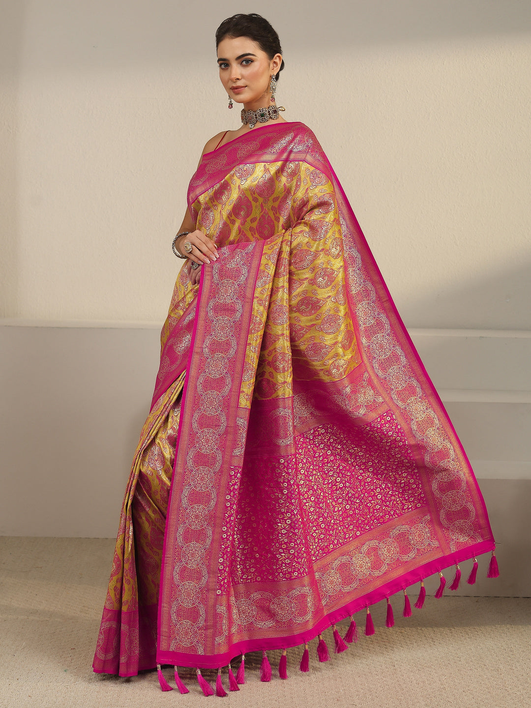  Libas Mustard and Pink Woven Design Silk Blend Saree 