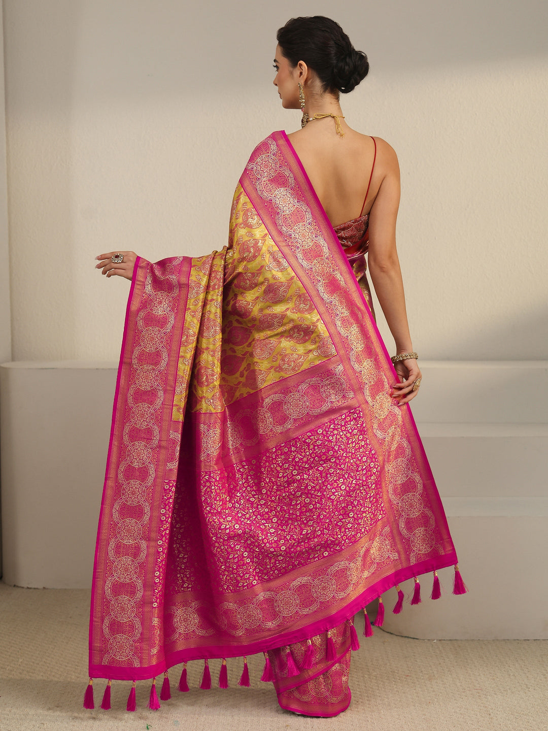  Libas Mustard and Pink Woven Design Silk Blend Saree 