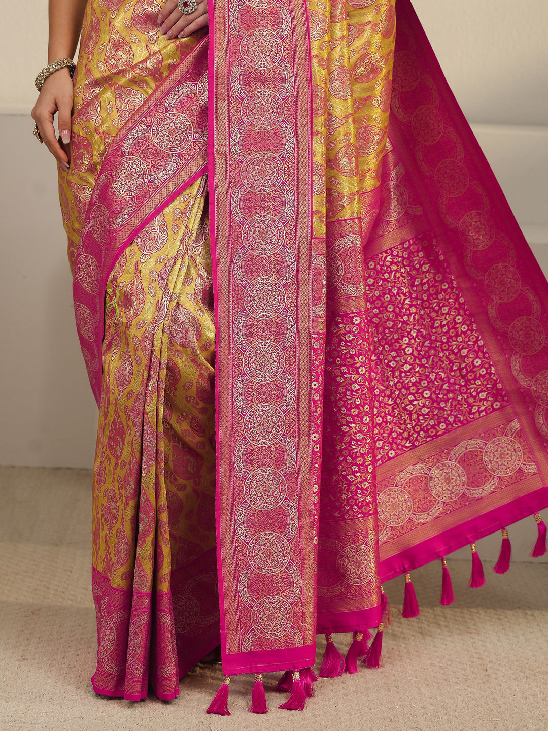  Libas Mustard and Pink Woven Design Silk Blend Saree 