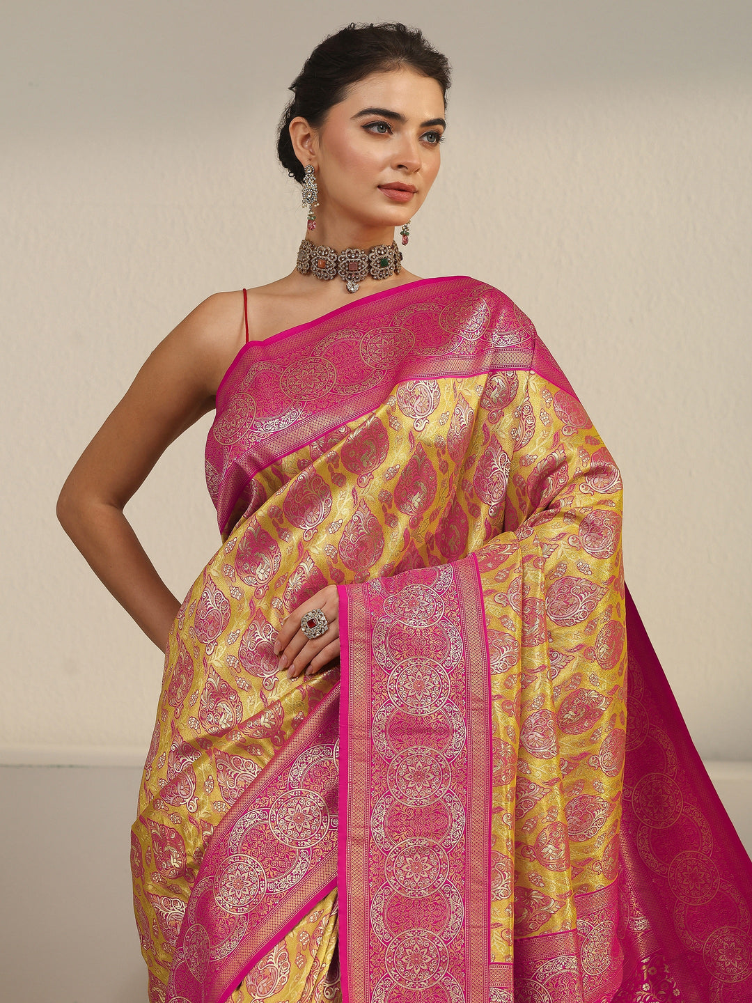  Libas Mustard and Pink Woven Design Silk Blend Saree 