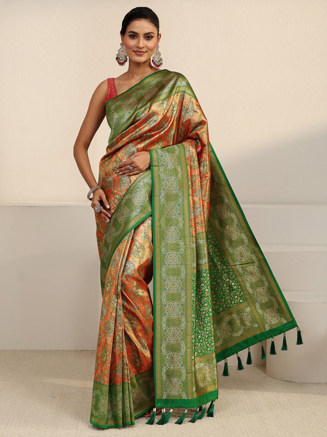  Libas Orange and Green Floral Woven Design Silk Blend Tassel Saree 