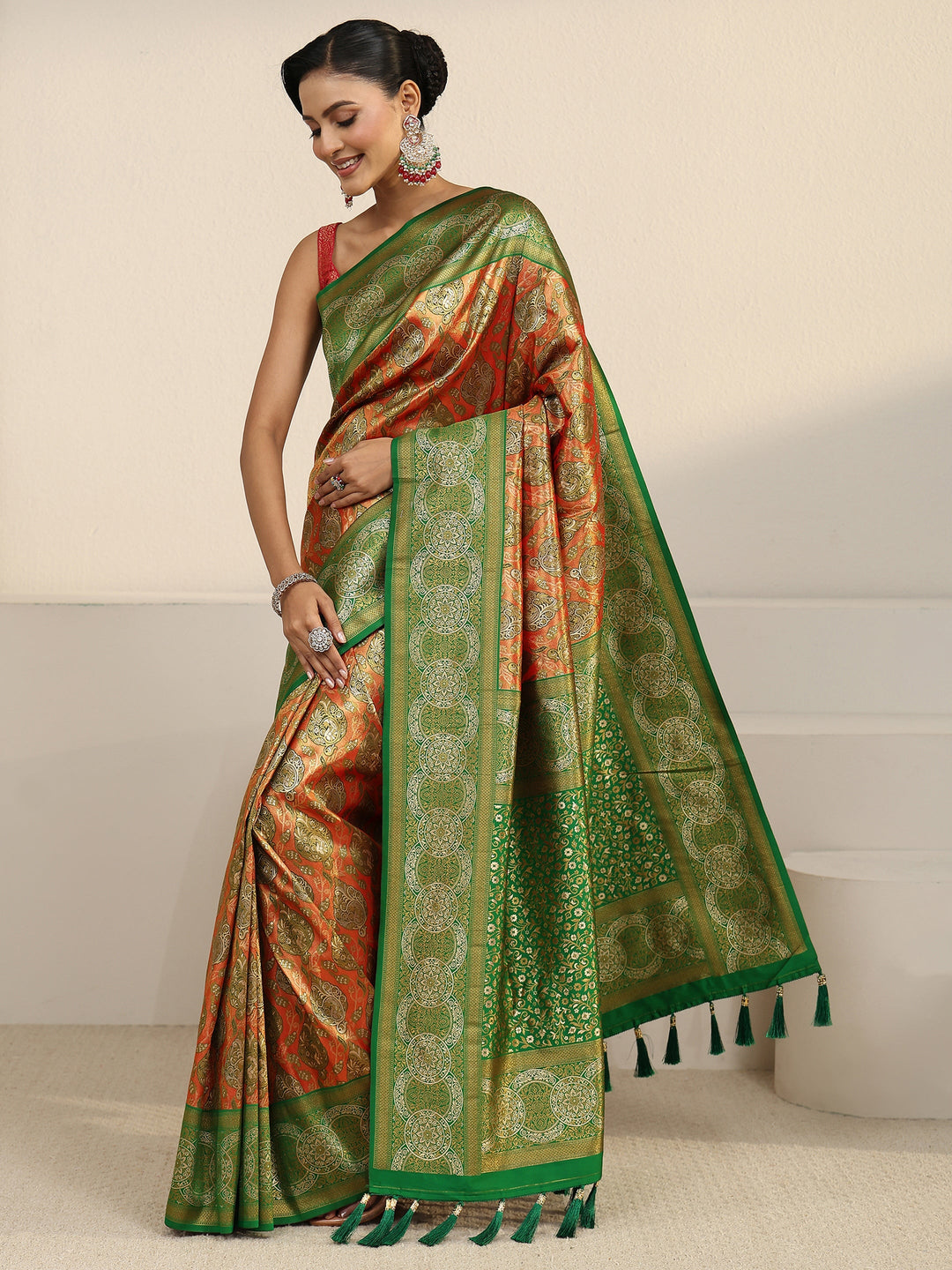  Libas Orange and Green Floral Woven Design Silk Blend Tassel Saree 