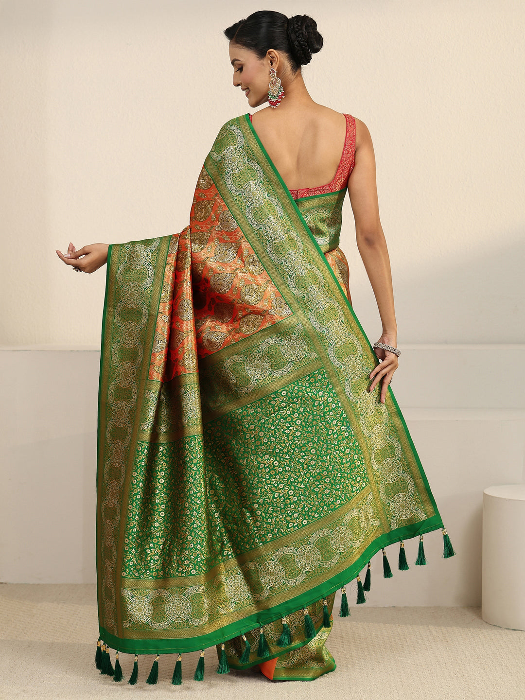  Libas Orange and Green Floral Woven Design Silk Blend Tassel Saree 