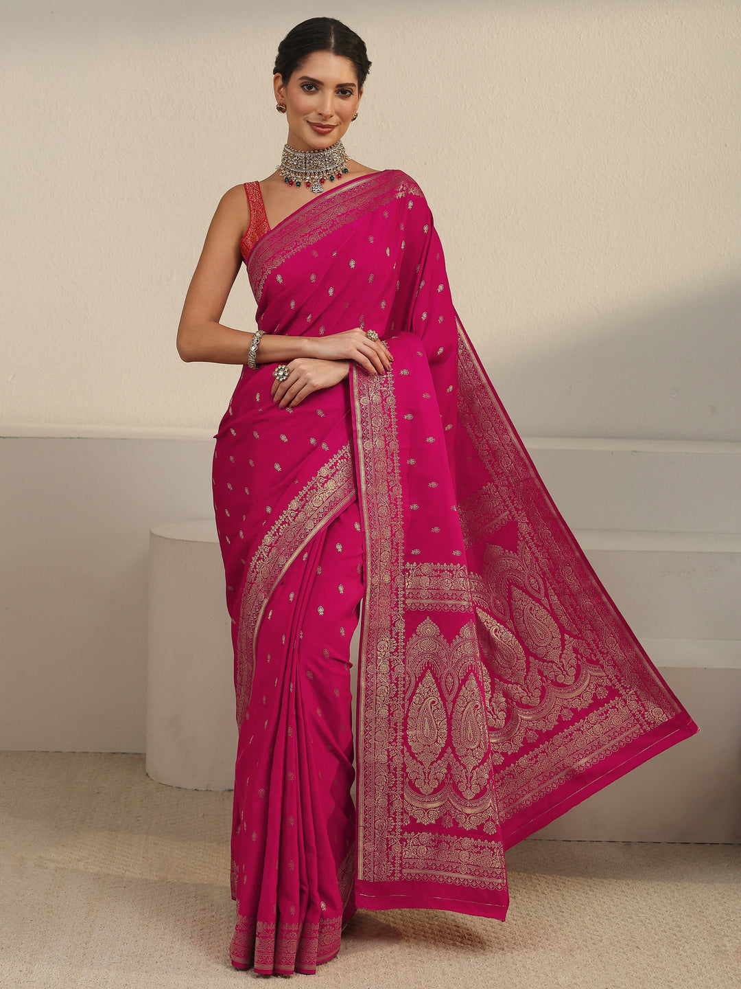  Libas Rani Pink Woven Design Satin Saree 