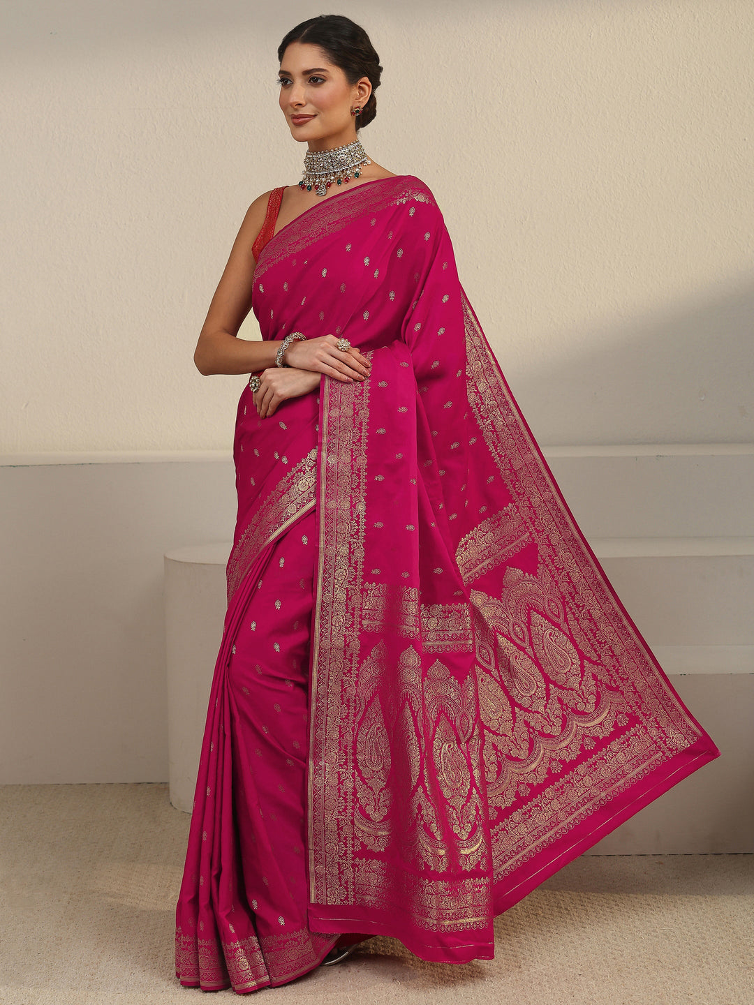  Libas Rani Pink Woven Design Satin Saree 
