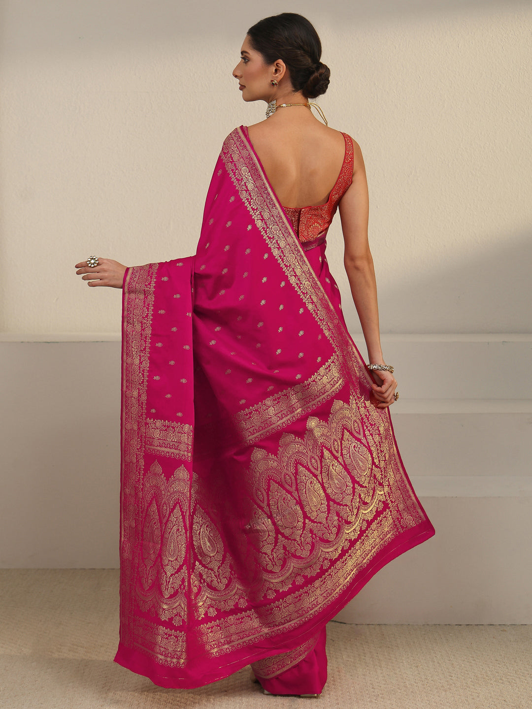  Libas Rani Pink Woven Design Satin Saree 