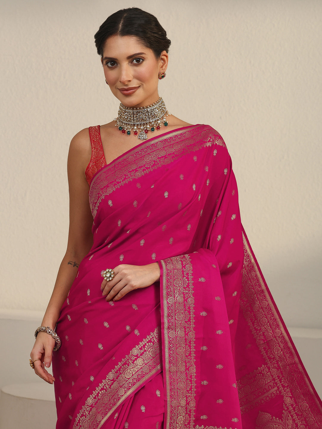  Libas Rani Pink Woven Design Satin Saree 