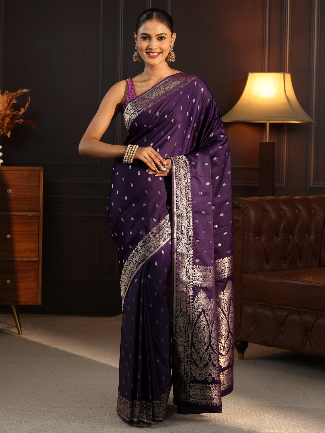  Libas Purple Ethnic Woven Design Satin Saree 