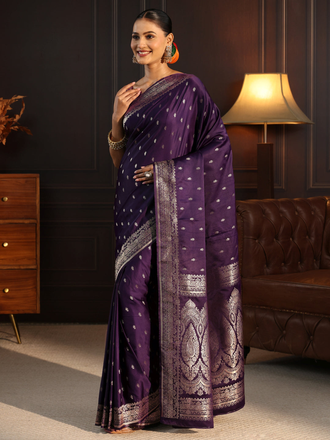  Libas Purple Ethnic Woven Design Satin Saree 