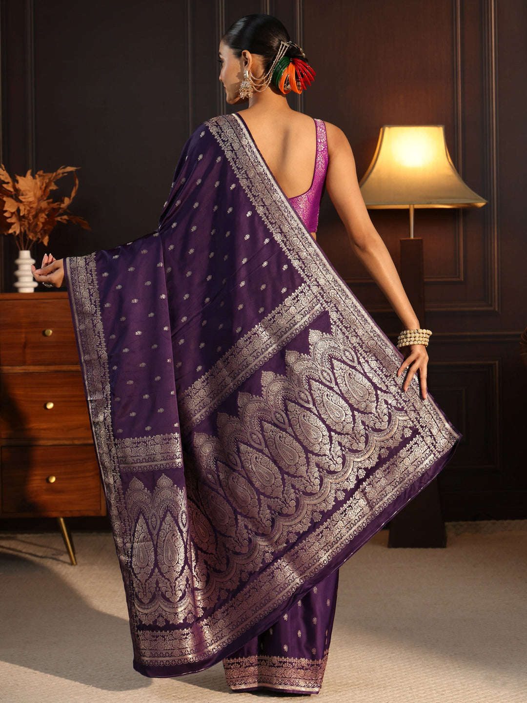  Libas Purple Ethnic Woven Design Satin Saree 
