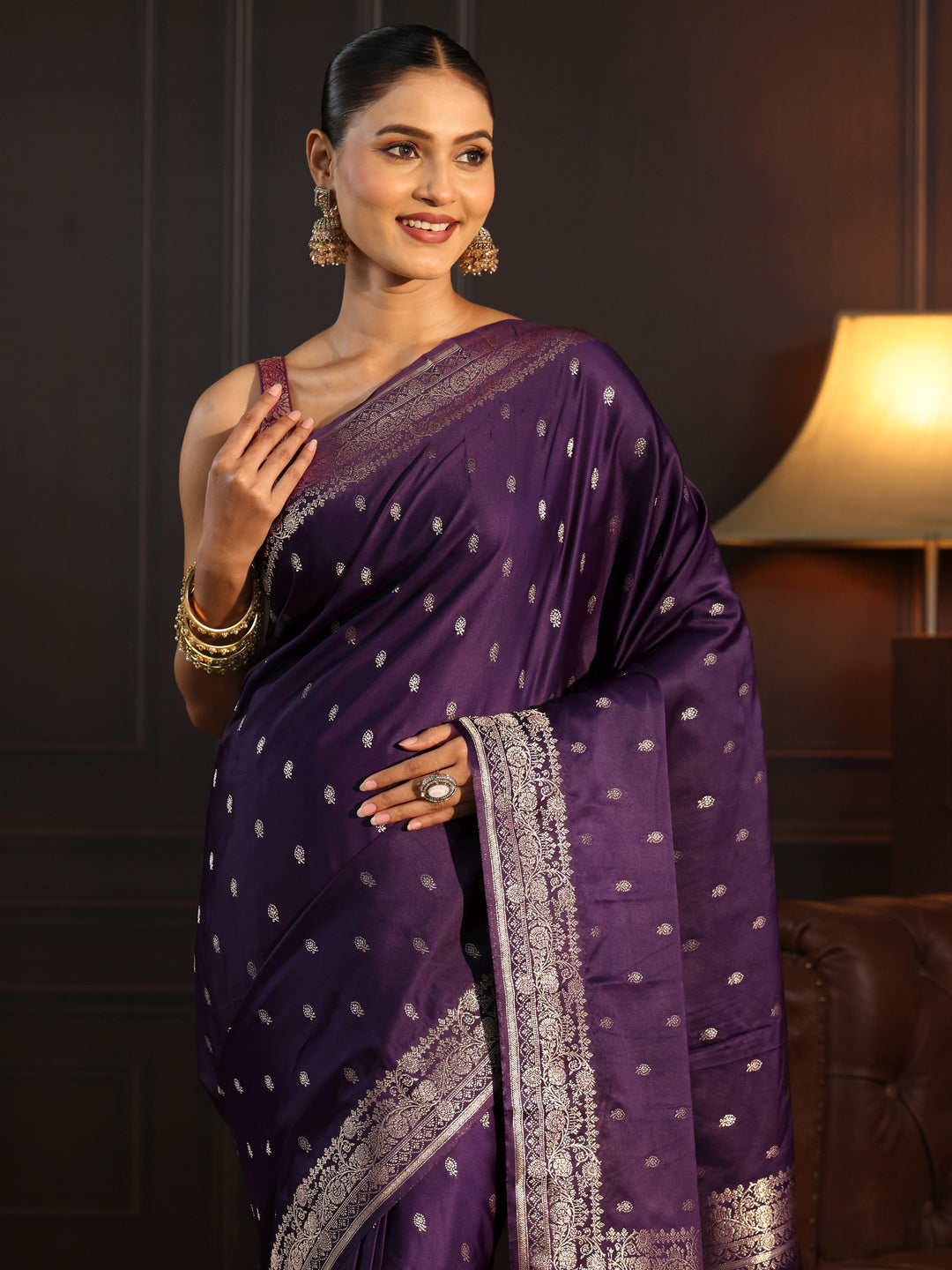  Libas Purple Ethnic Woven Design Satin Saree 
