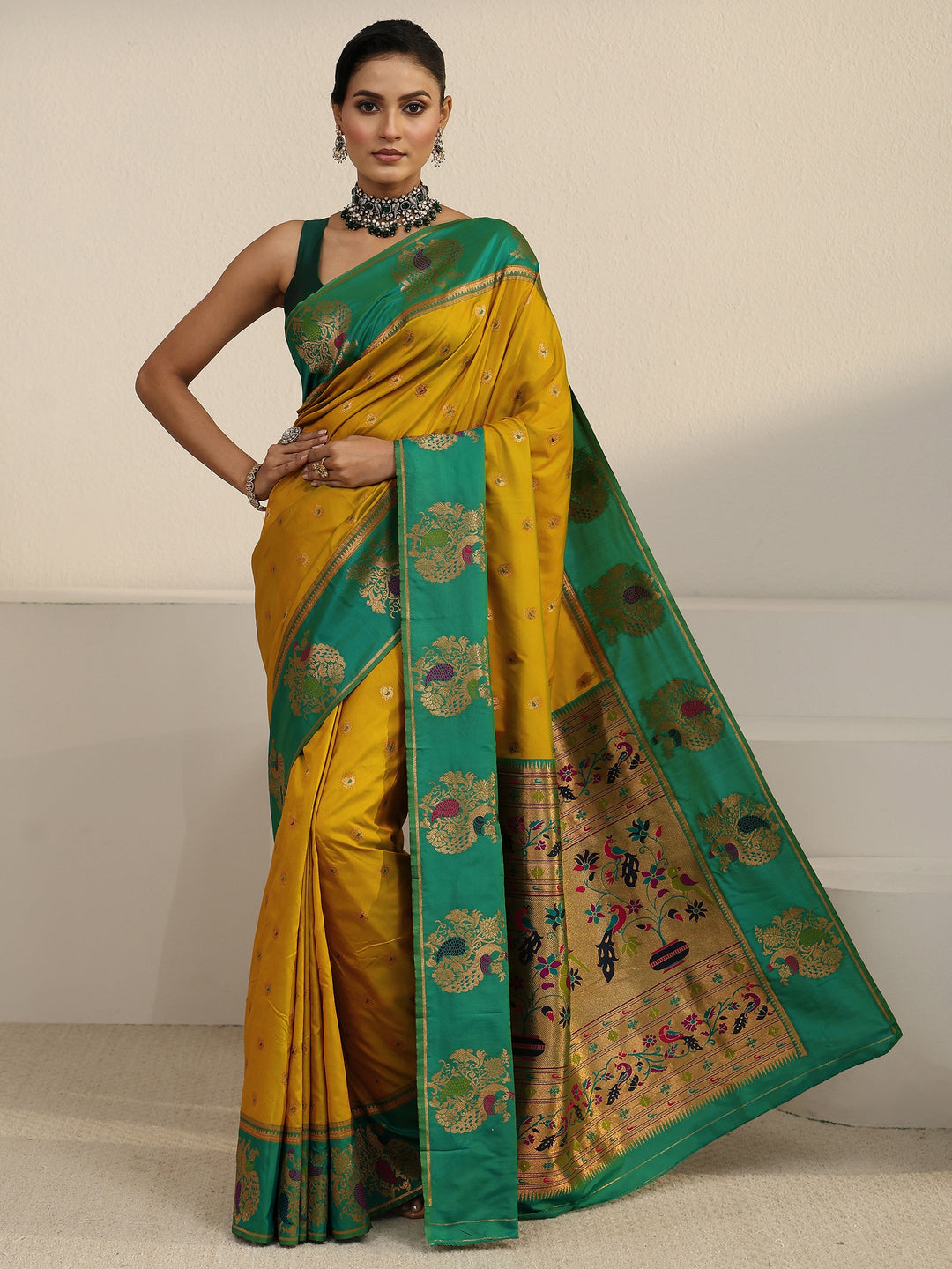  Libas Mustard and Sea Green Silk Blend Paithani Saree 