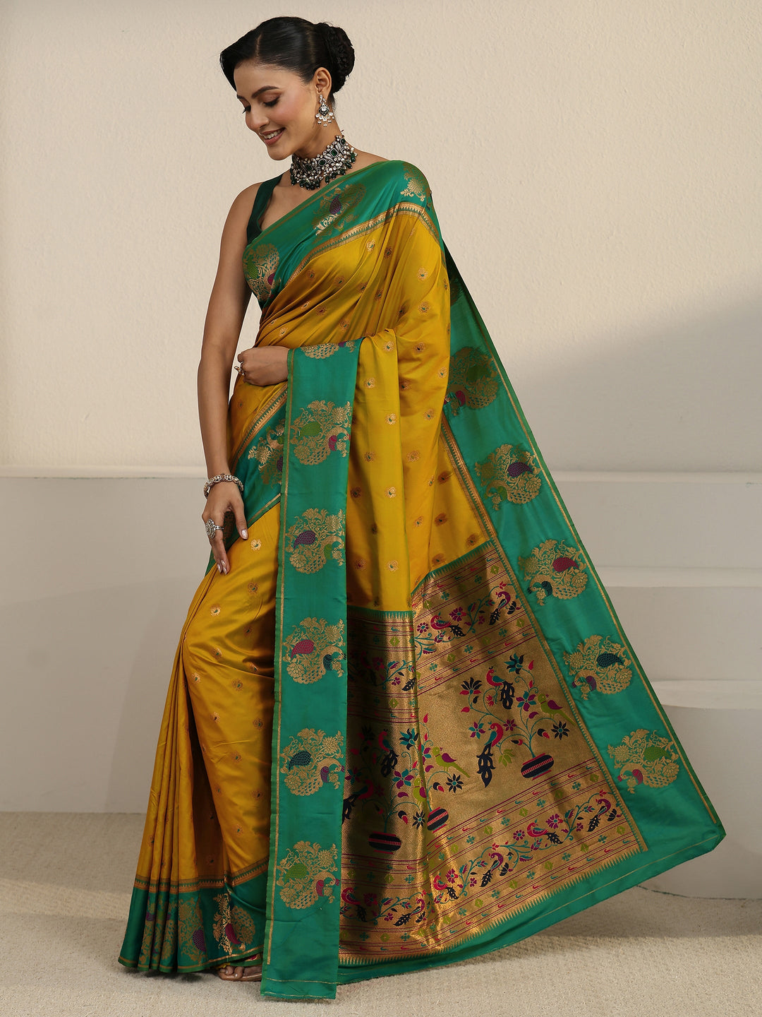 Libas Mustard and Sea Green Silk Blend Paithani Saree 