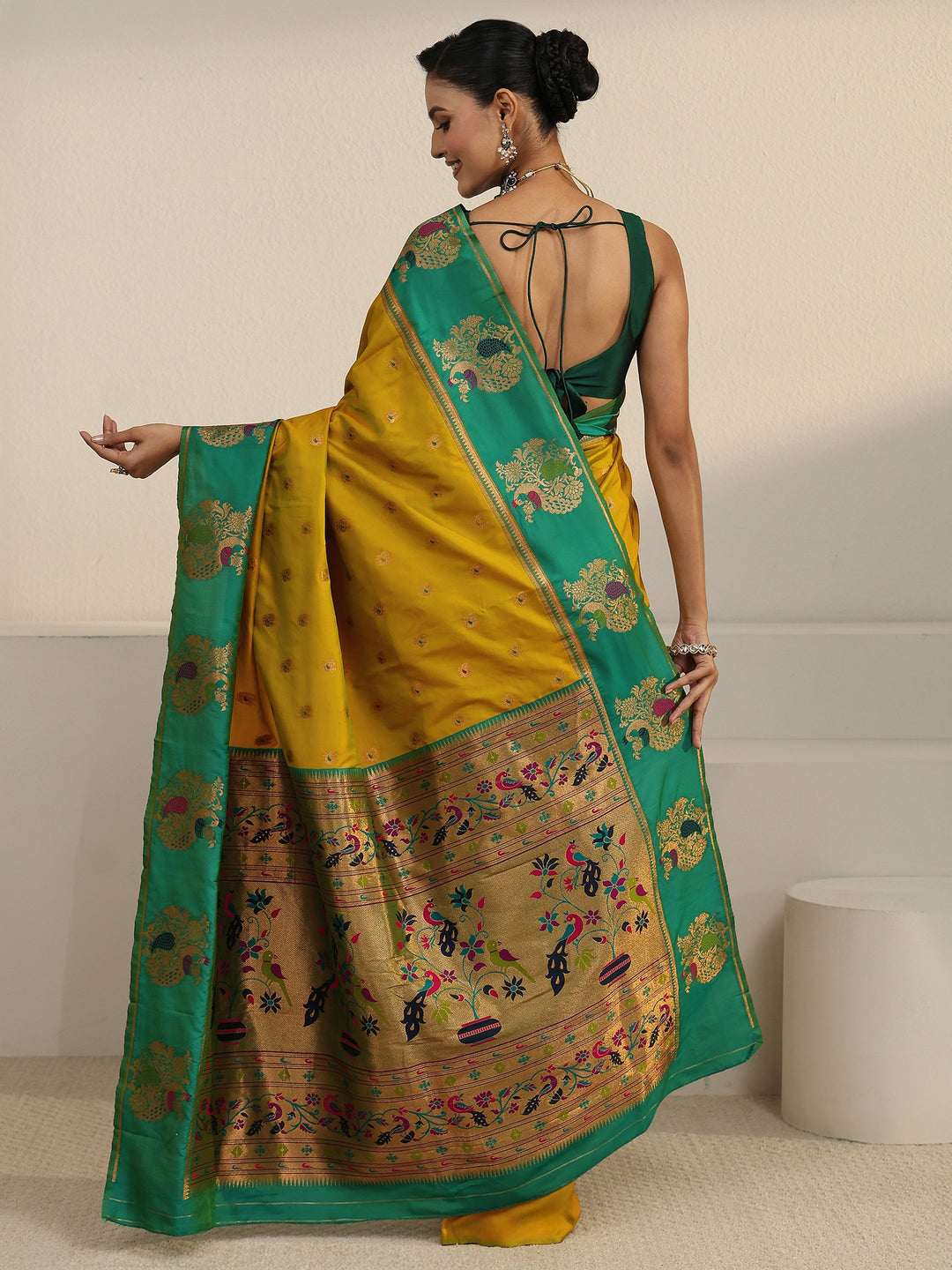  Libas Mustard and Sea Green Silk Blend Paithani Saree 
