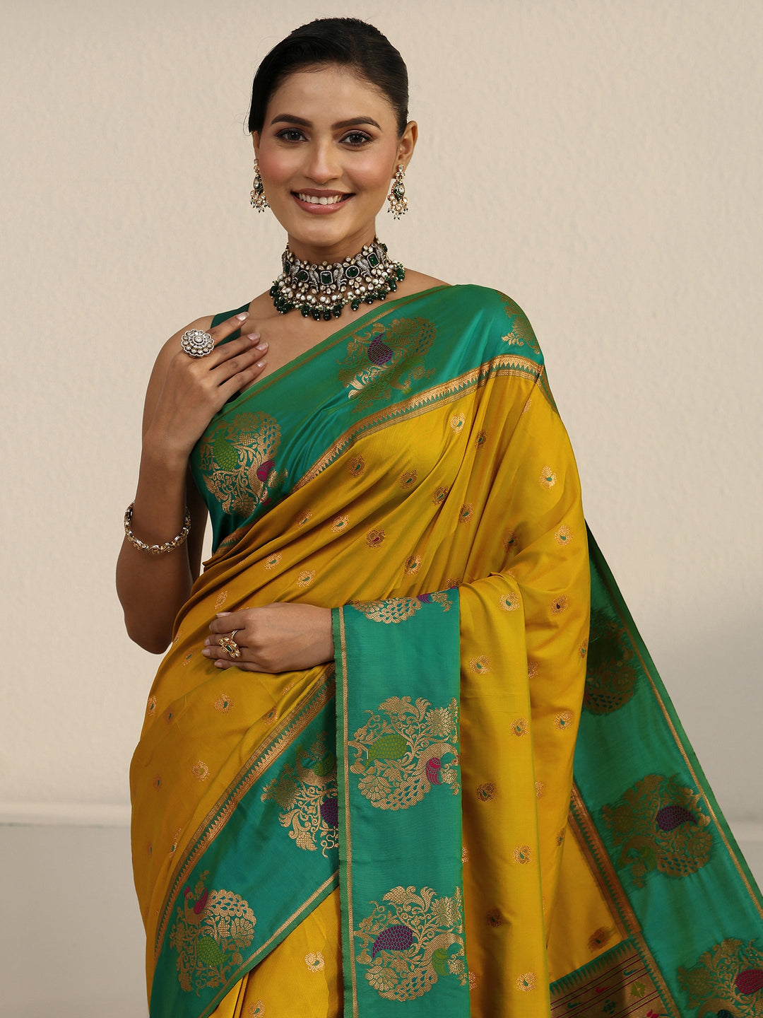  Libas Mustard and Sea Green Silk Blend Paithani Saree 