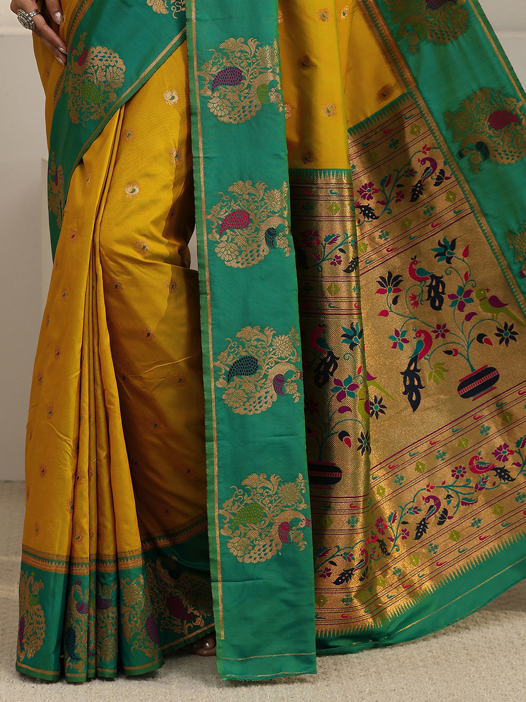  Libas Mustard and Sea Green Silk Blend Paithani Saree 