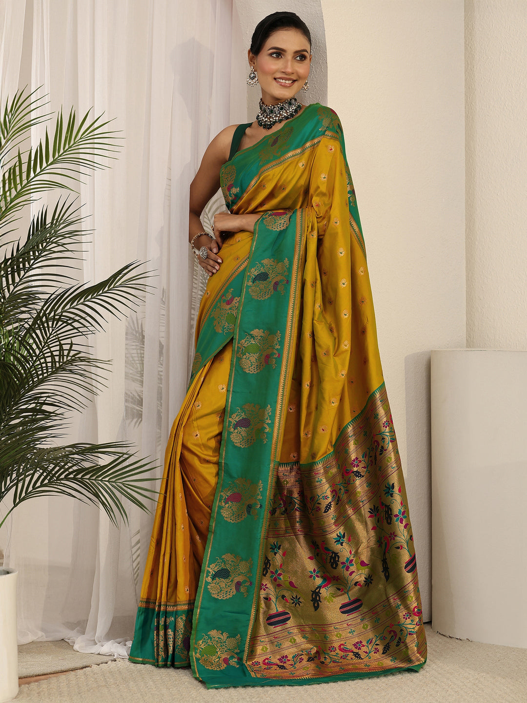  Libas Mustard and Sea Green Silk Blend Paithani Saree 