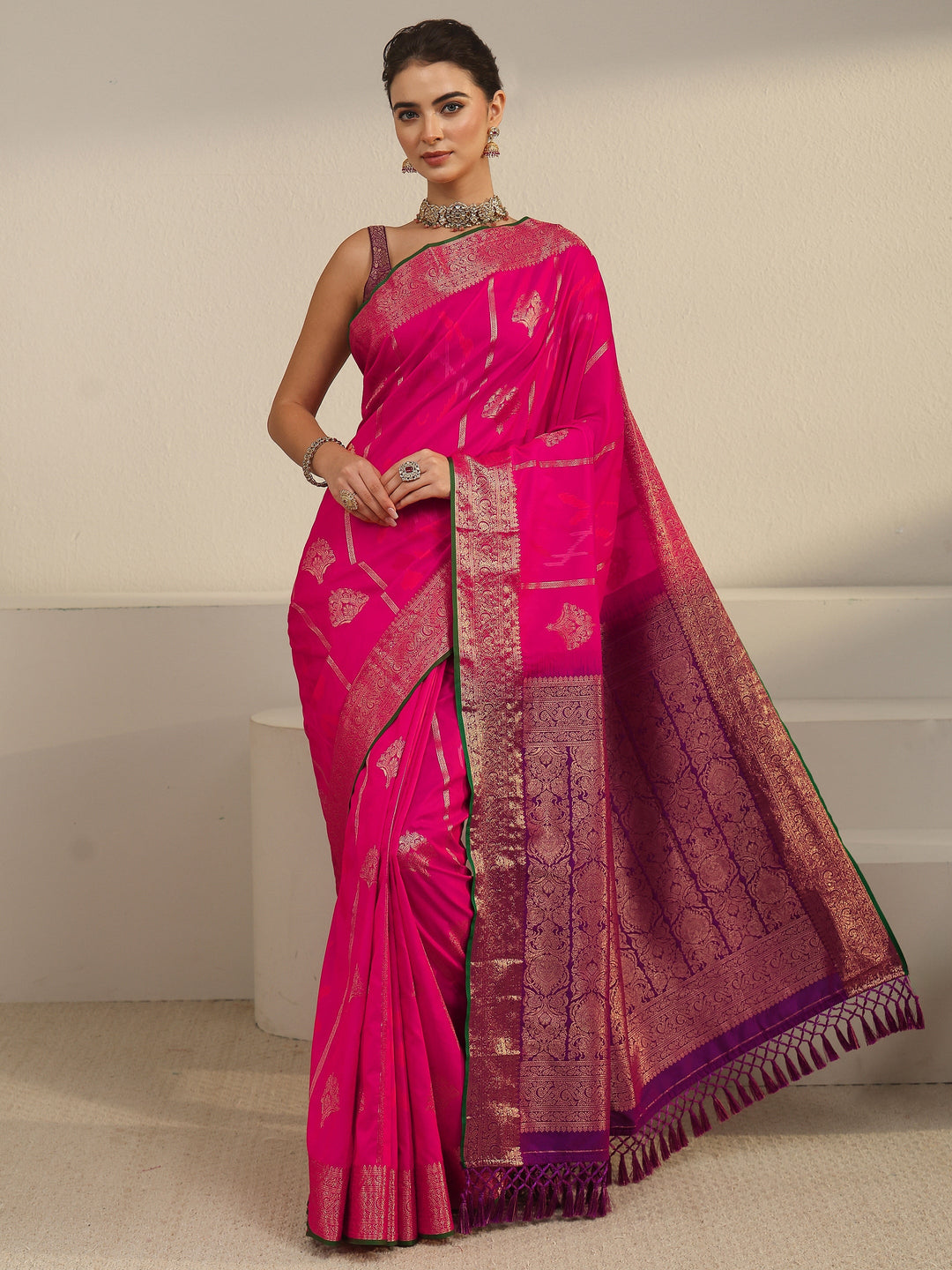  Libas Fuchsia Pink Woven Design Silk Blend Tassel Saree 