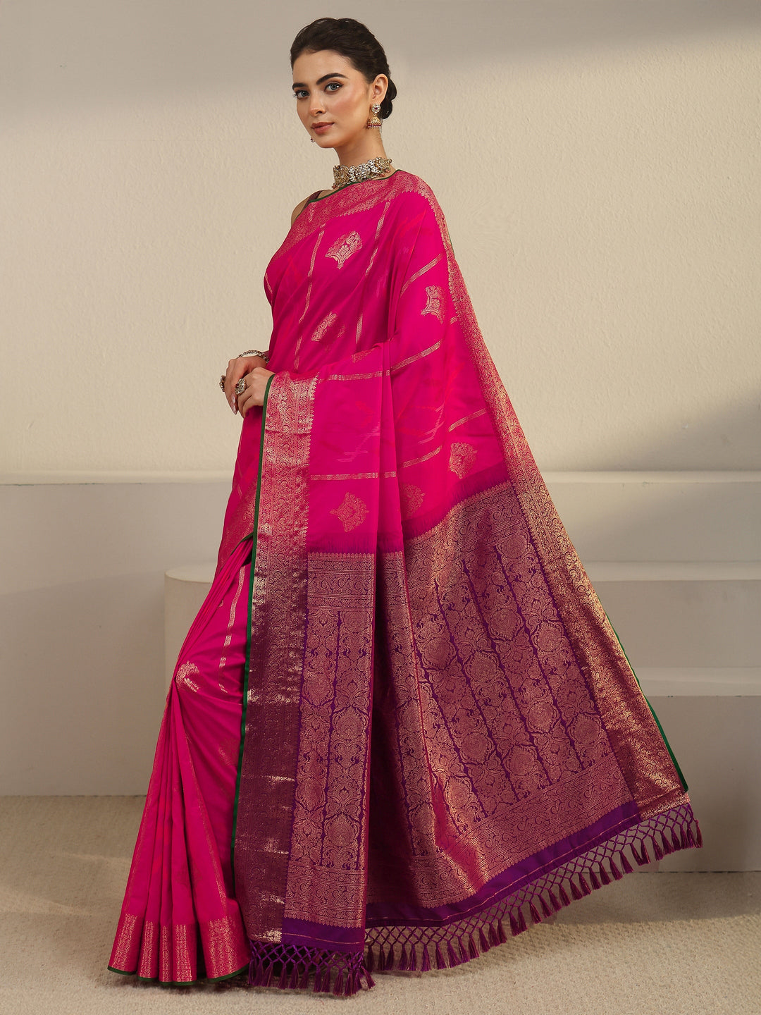  Libas Fuchsia Pink Woven Design Silk Blend Tassel Saree 
