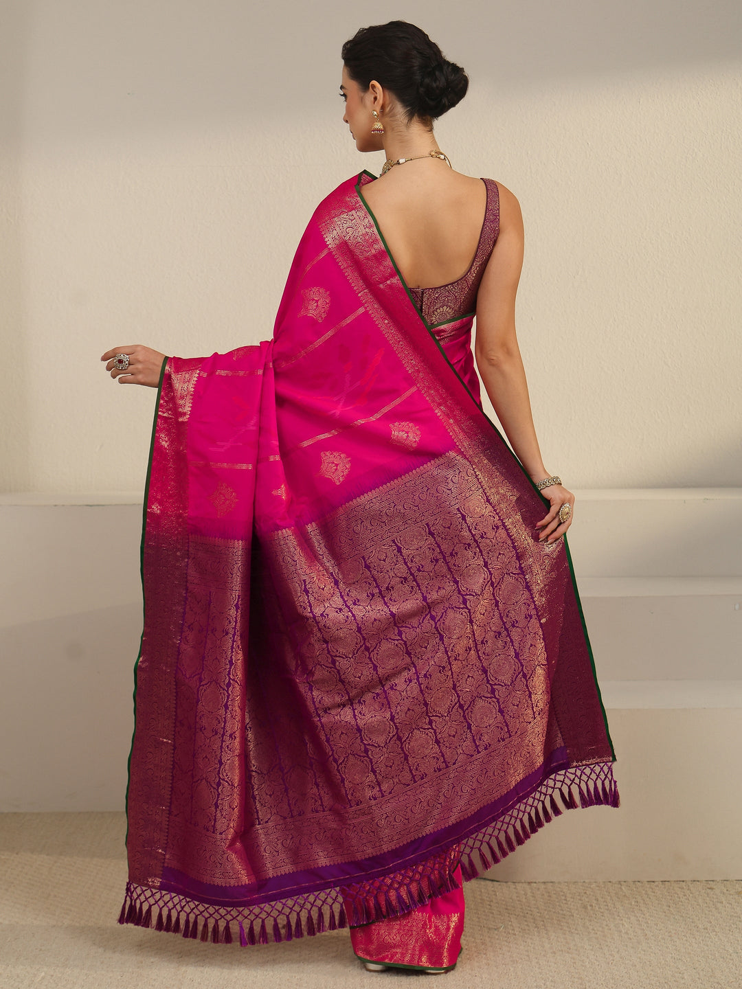  Libas Fuchsia Pink Woven Design Silk Blend Tassel Saree 