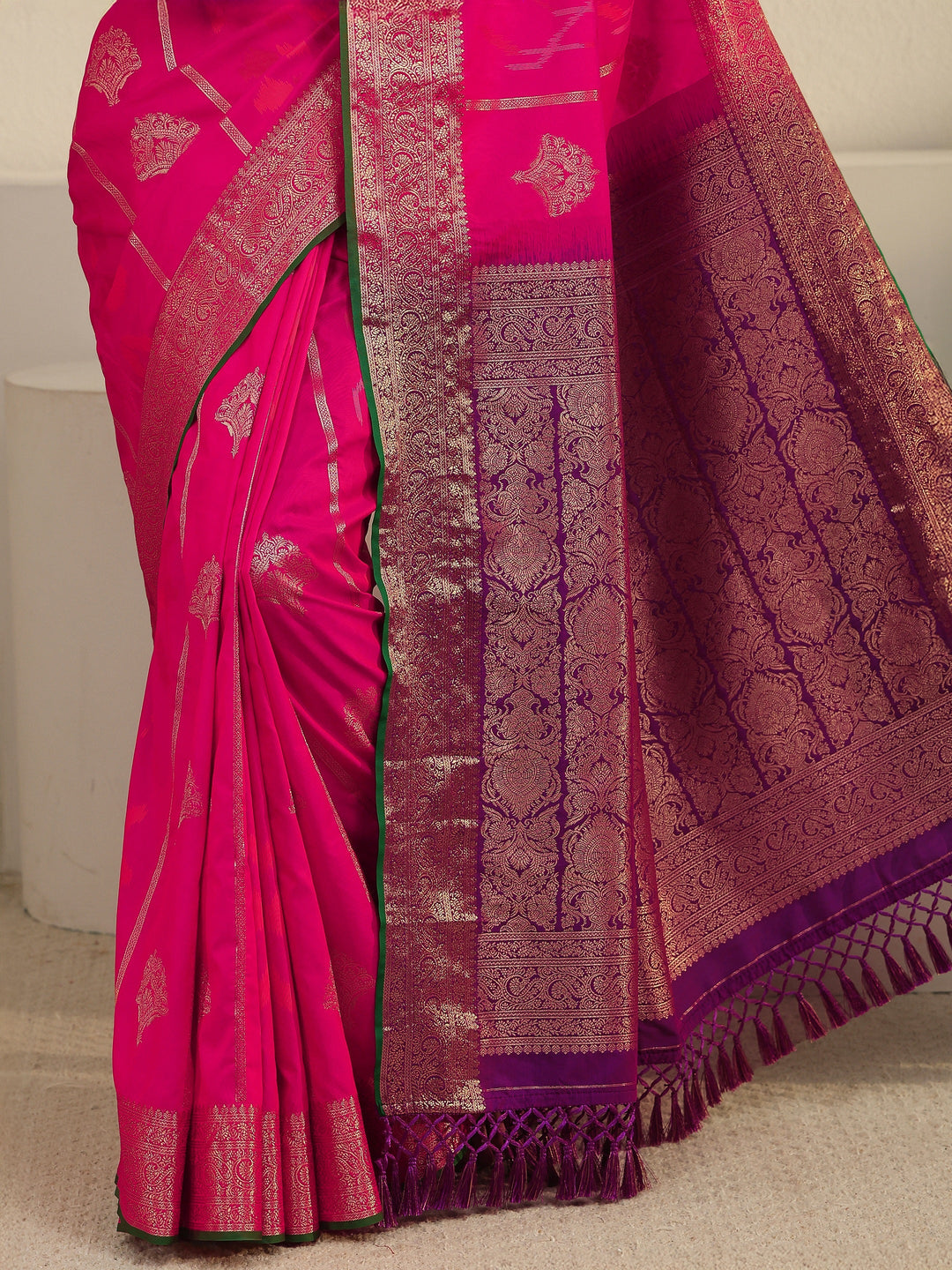  Libas Fuchsia Pink Woven Design Silk Blend Tassel Saree 