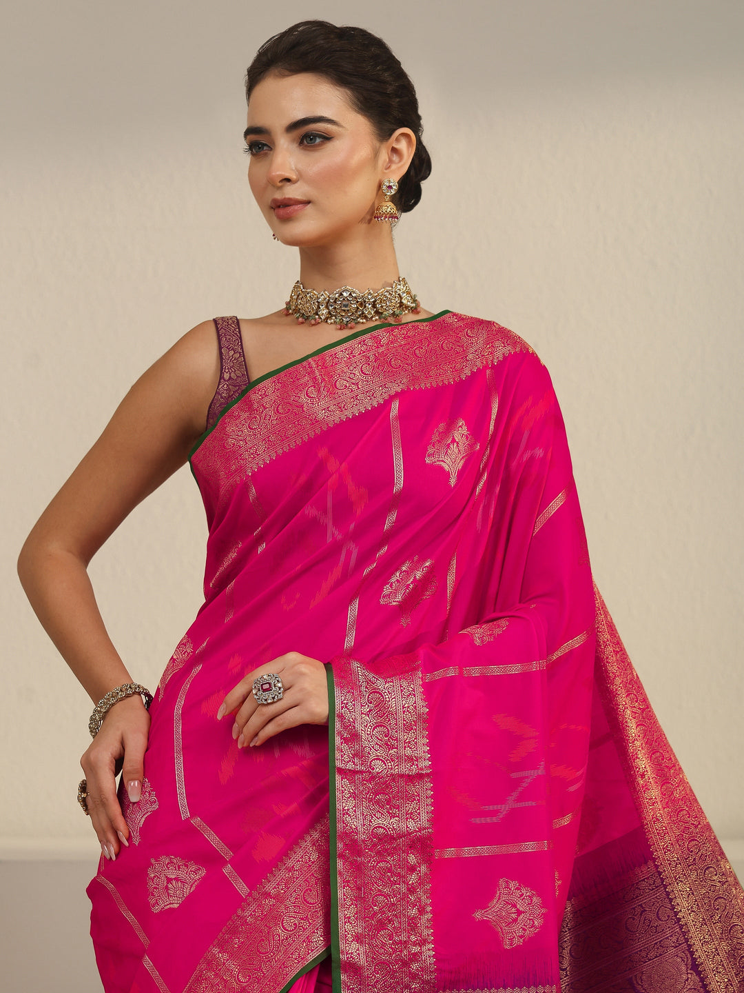  Libas Fuchsia Pink Woven Design Silk Blend Tassel Saree 