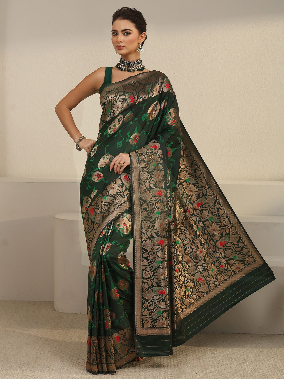  Libas Dark Green Floral Woven Design Satin Saree 