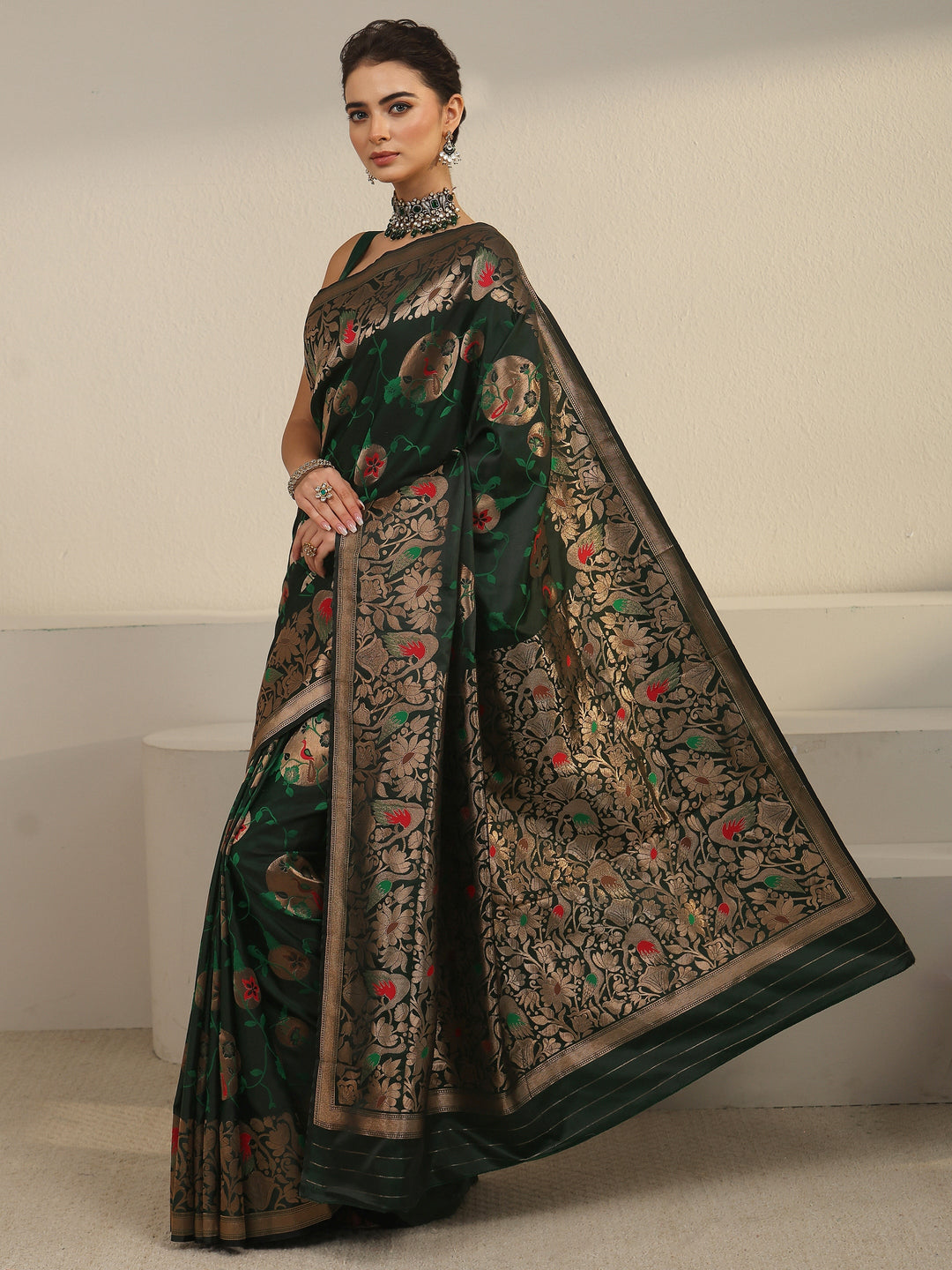  Libas Dark Green Floral Woven Design Satin Saree 