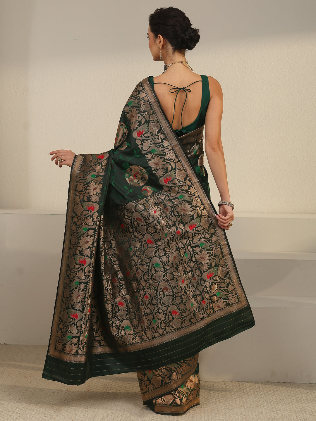  Libas Dark Green Floral Woven Design Satin Saree 