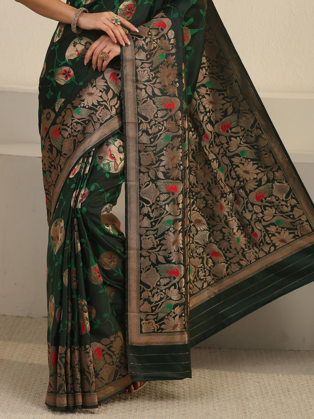  Libas Dark Green Floral Woven Design Satin Saree 