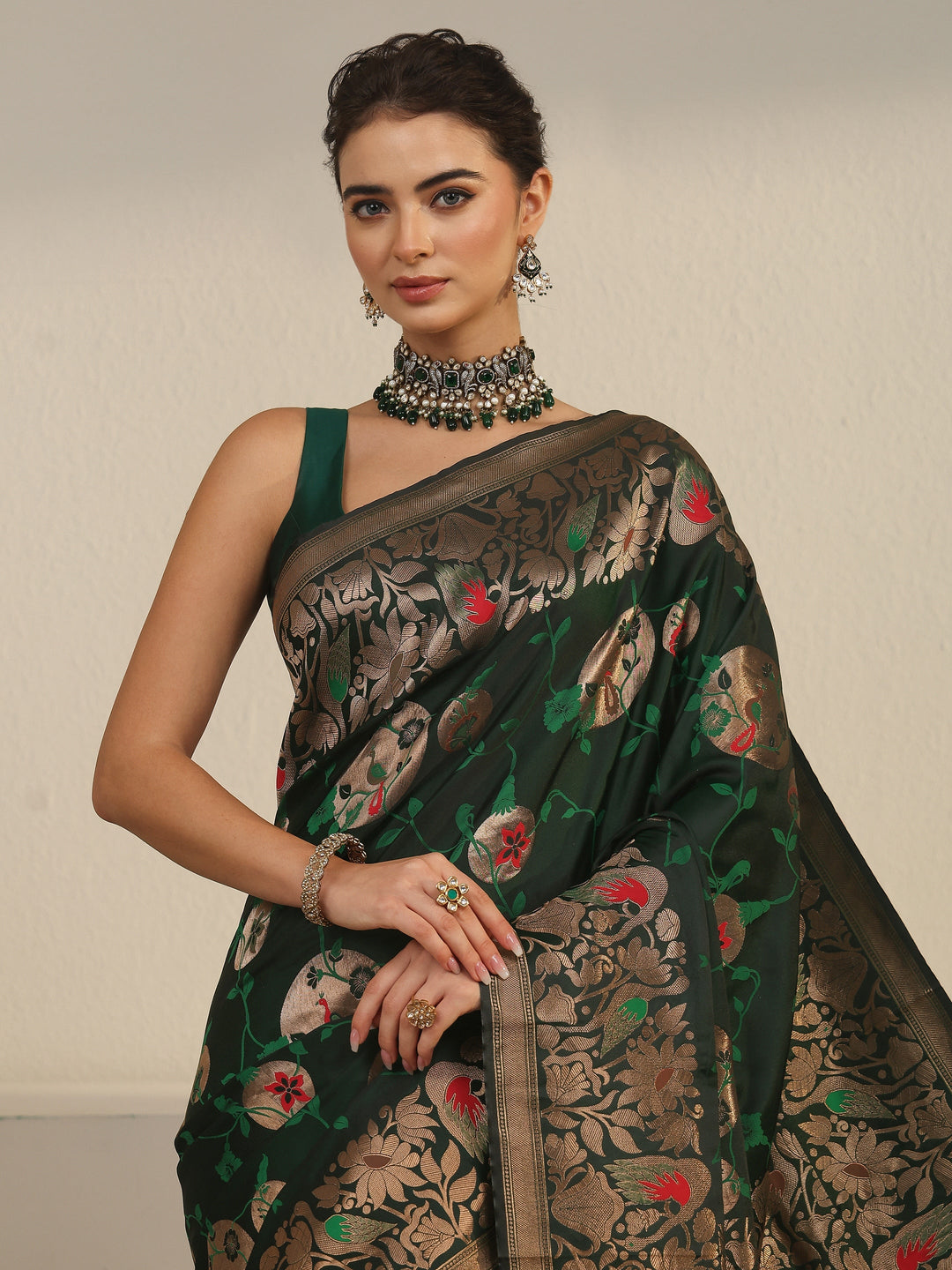  Libas Dark Green Floral Woven Design Satin Saree 