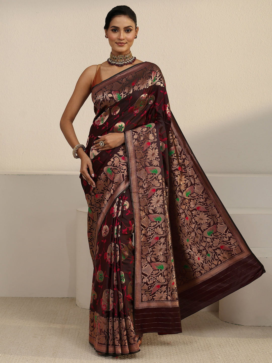  Libas Maroon Floral Woven Design Satin Saree 