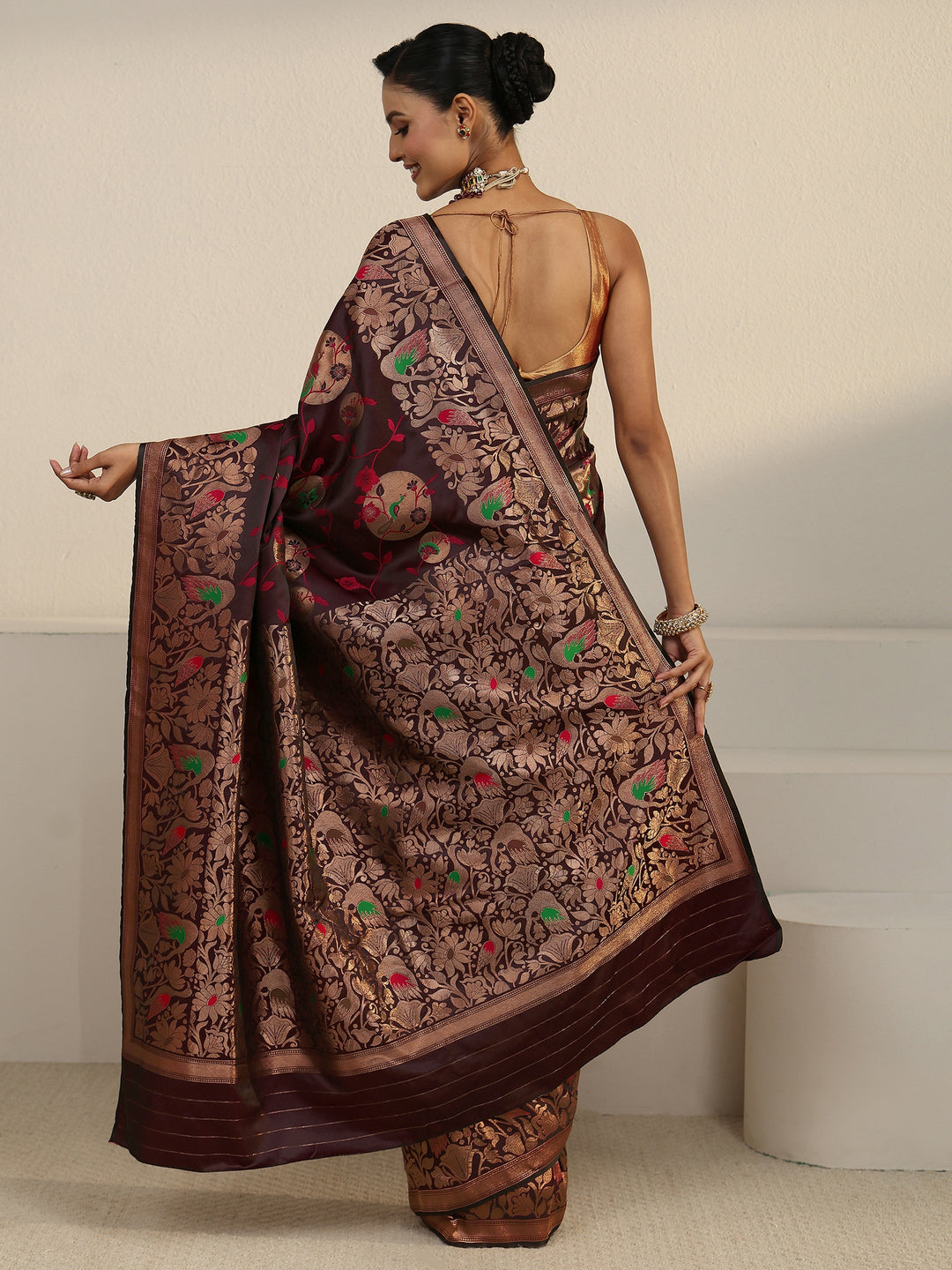  Libas Maroon Floral Woven Design Satin Saree 