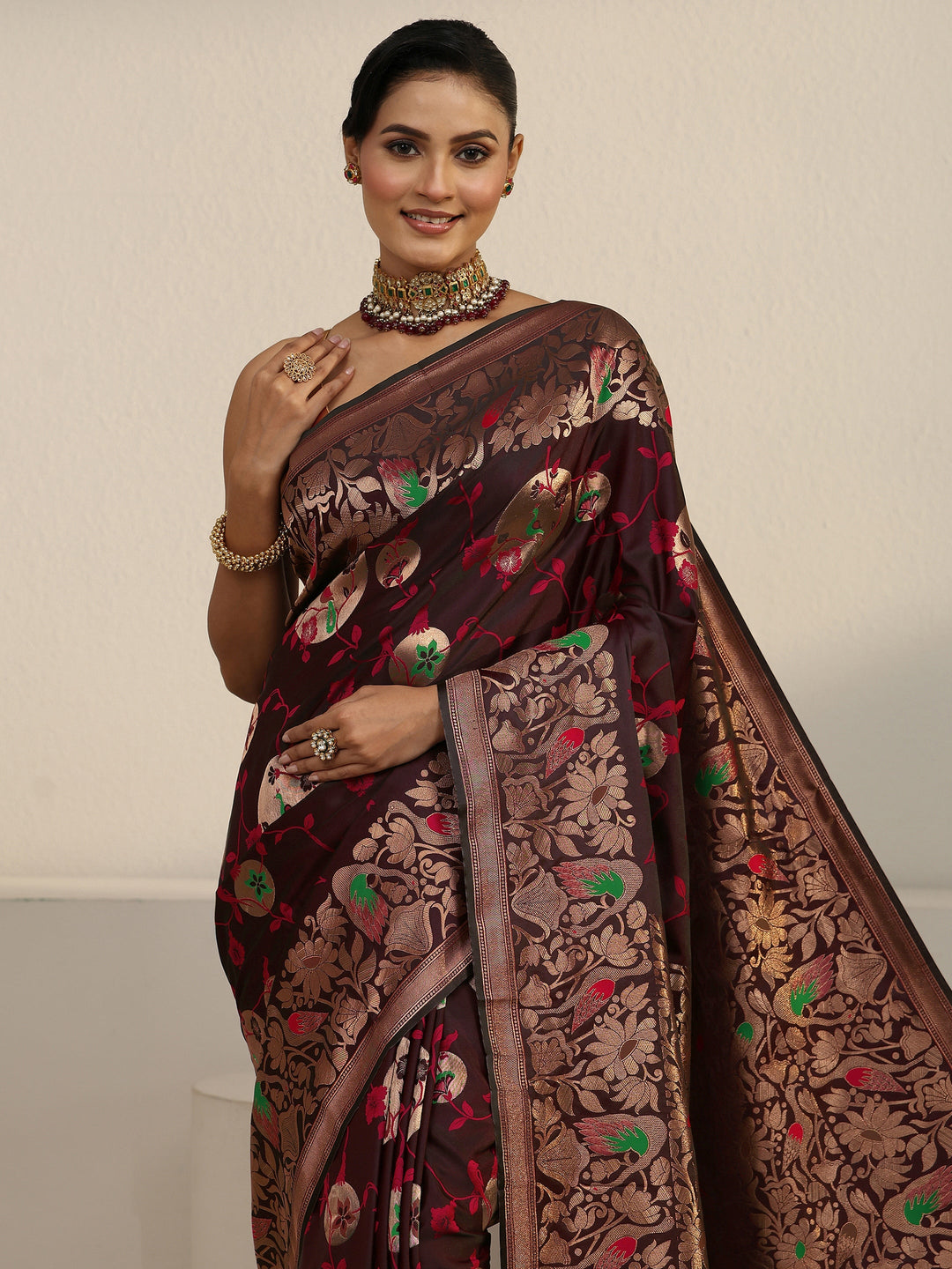  Libas Maroon Floral Woven Design Satin Saree 
