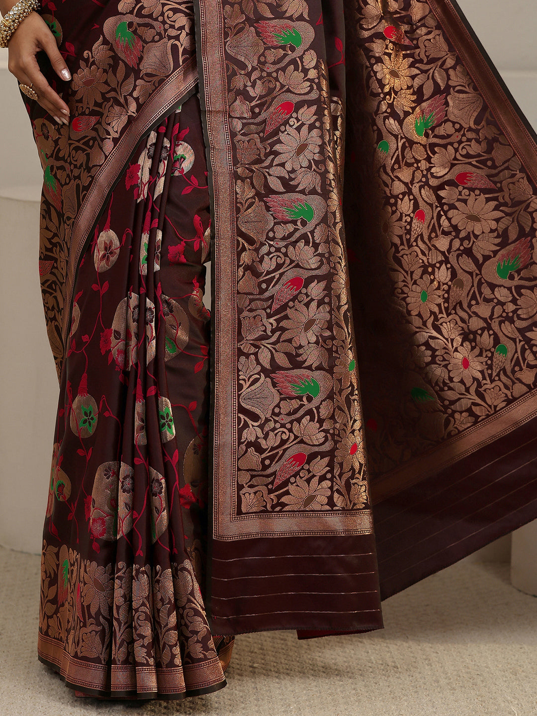  Libas Maroon Floral Woven Design Satin Saree 