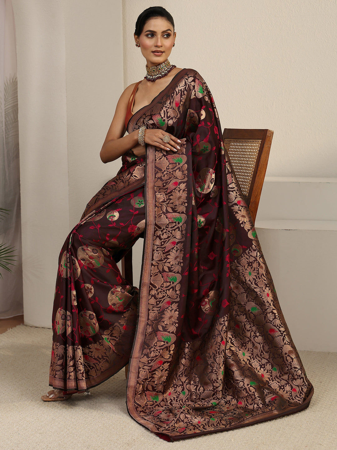  Libas Maroon Floral Woven Design Satin Saree 