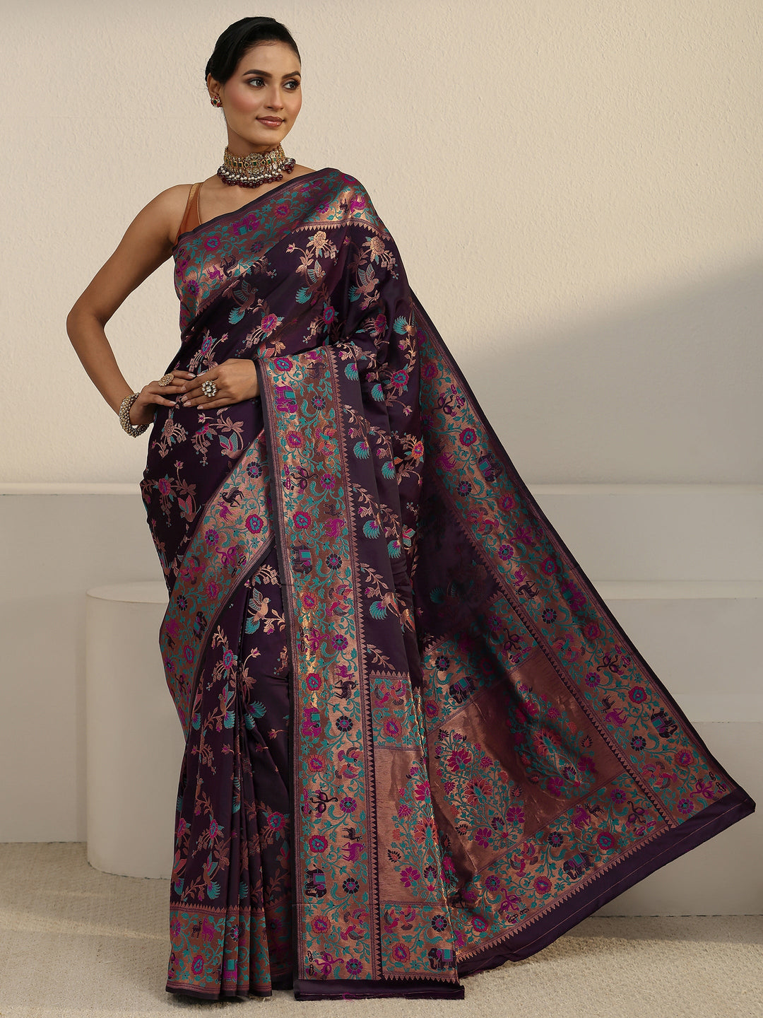  Libas Plum Purple Floral Woven Design Satin Saree 