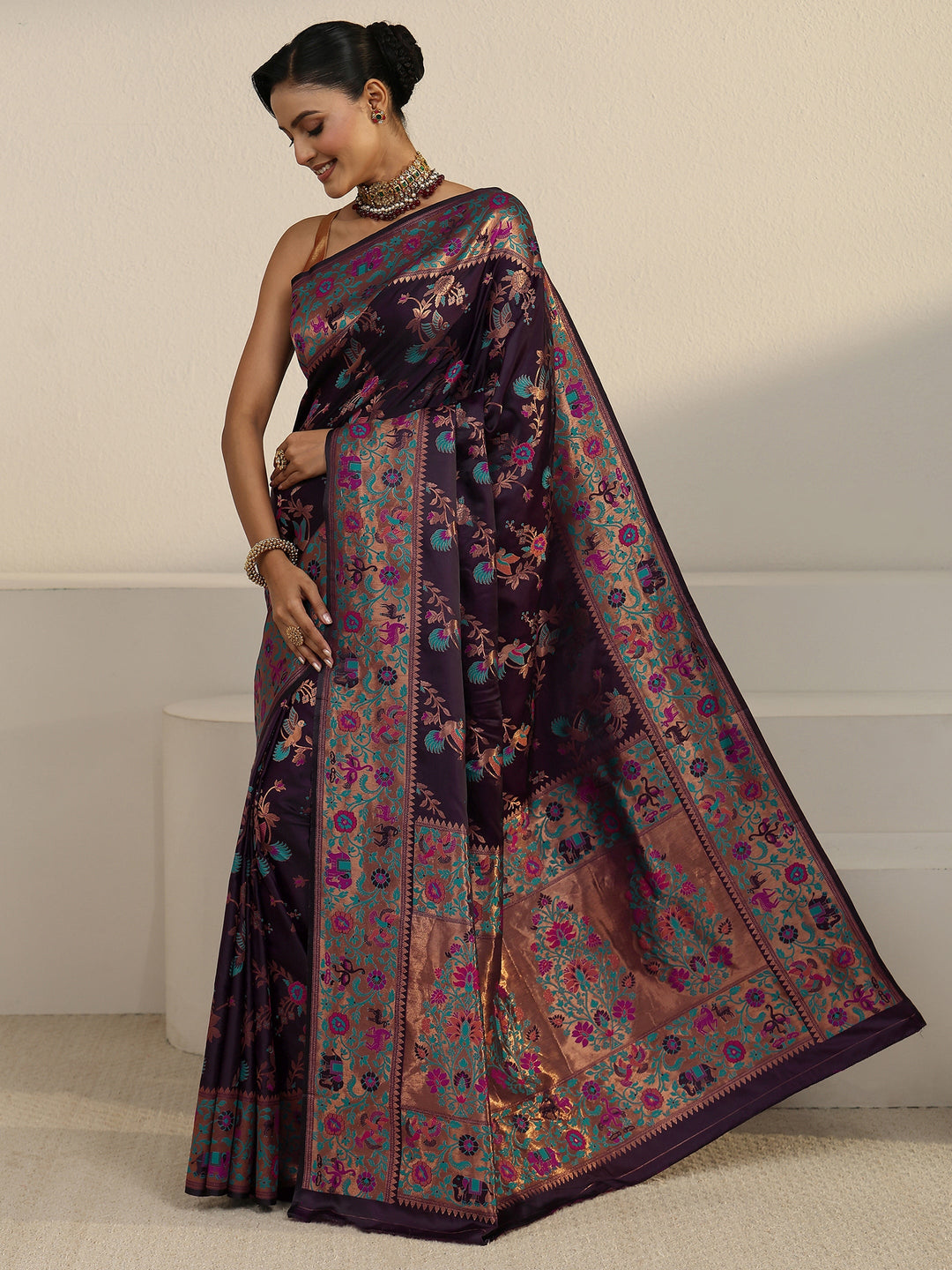  Libas Plum Purple Floral Woven Design Satin Saree 