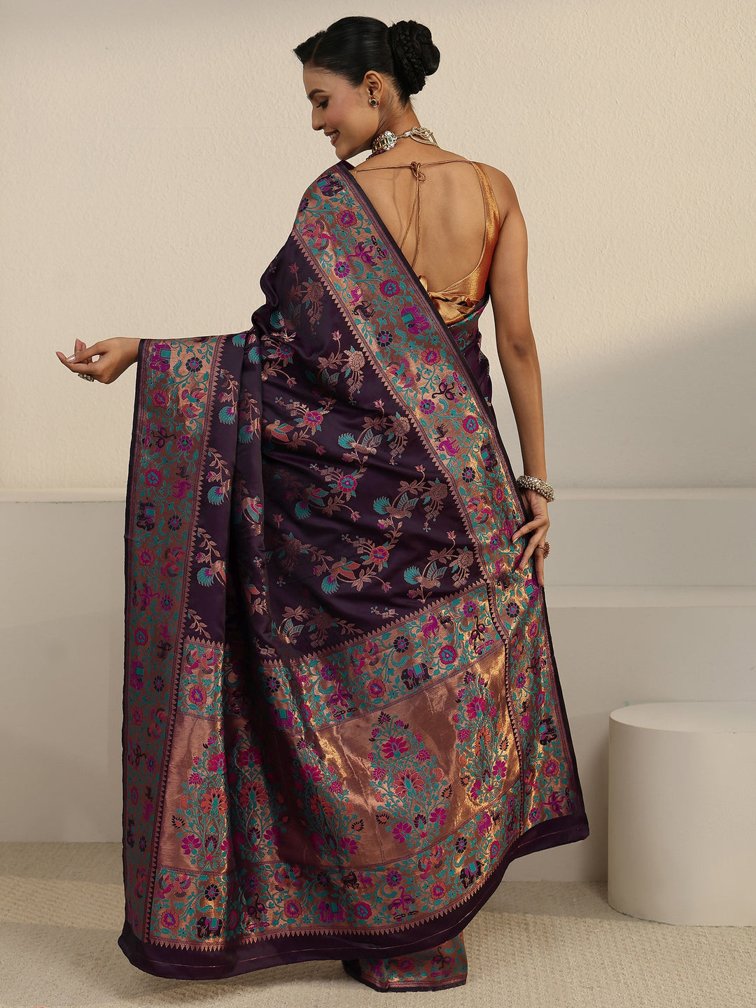  Libas Plum Purple Floral Woven Design Satin Saree 