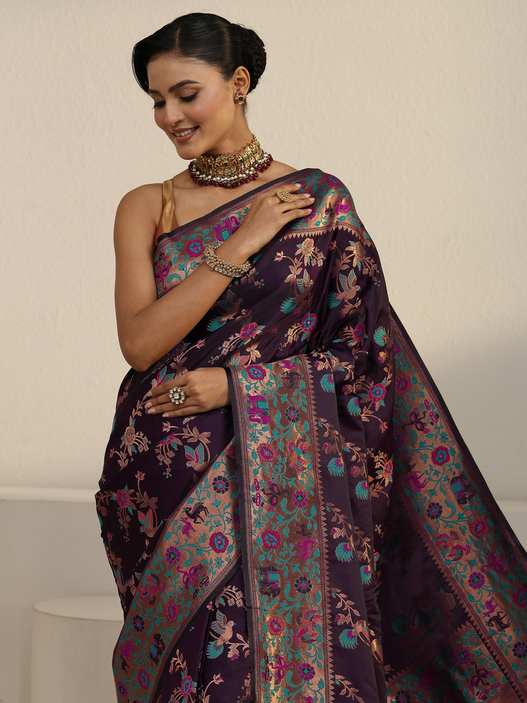  Libas Plum Purple Floral Woven Design Satin Saree 