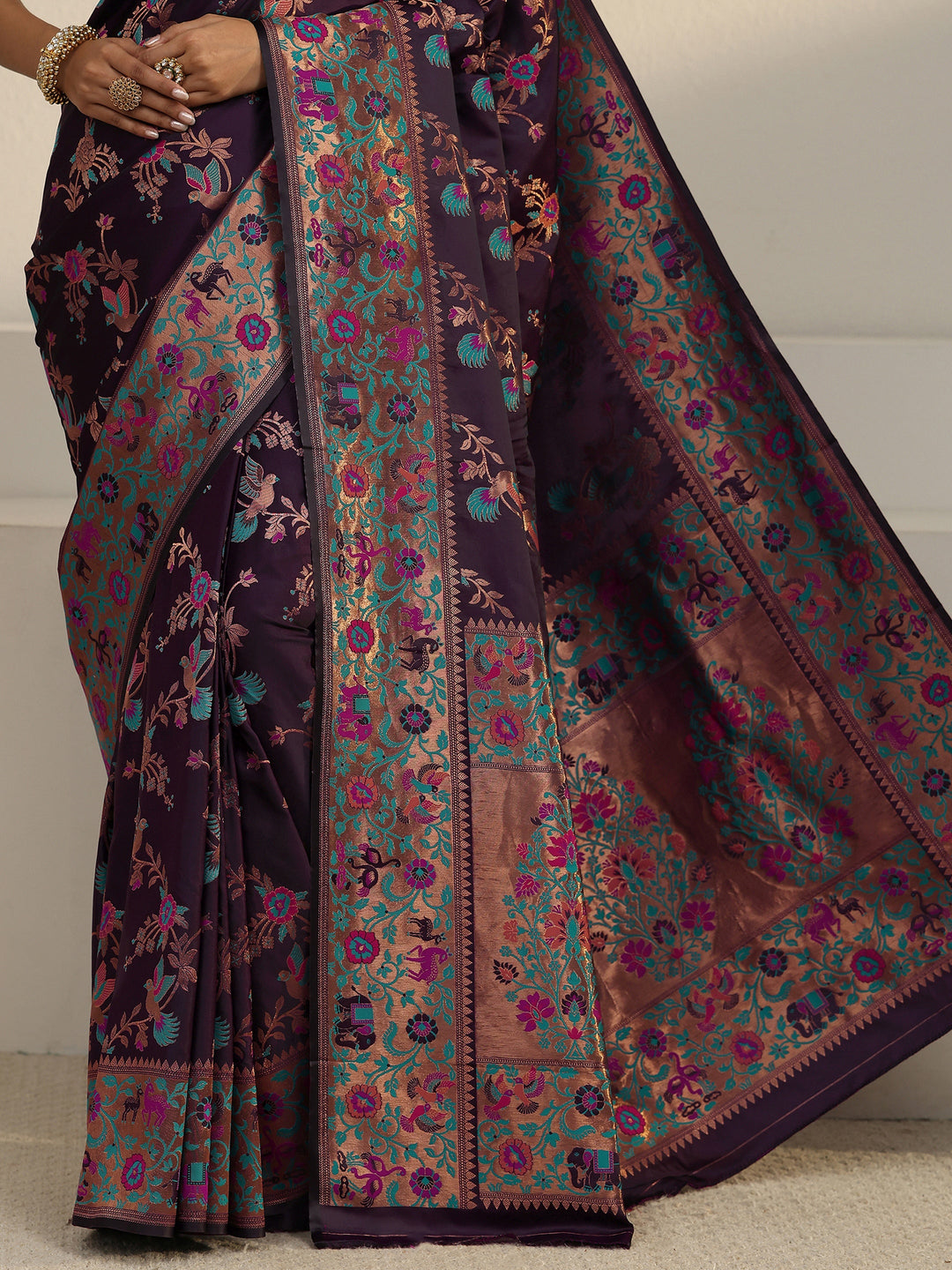  Libas Plum Purple Floral Woven Design Satin Saree 