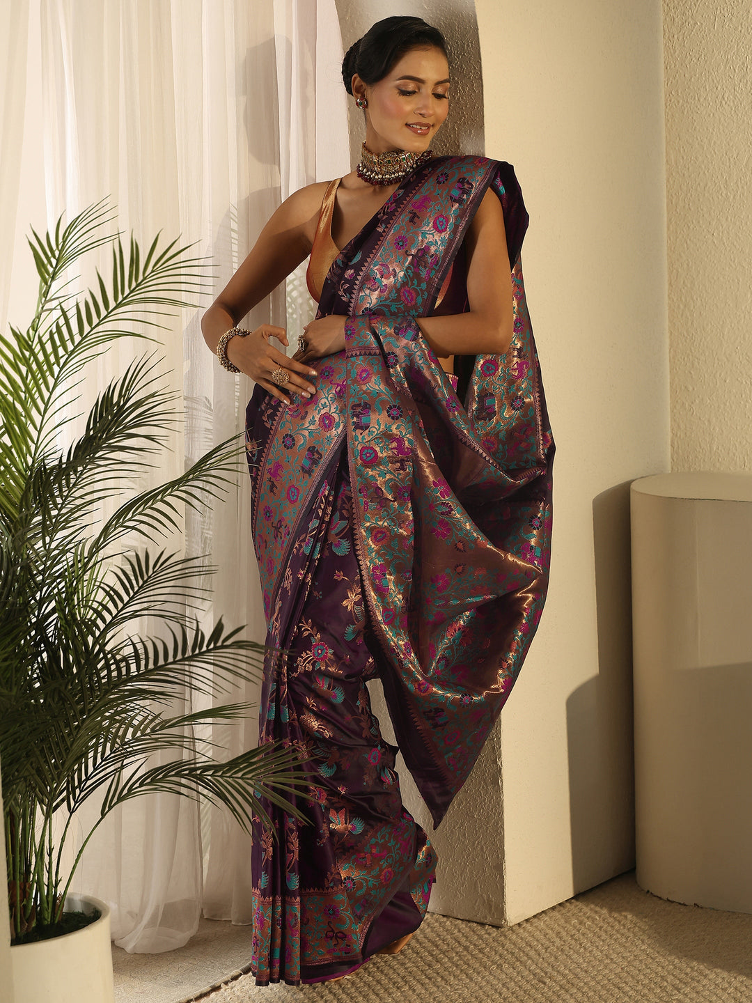  Libas Plum Purple Floral Woven Design Satin Saree 