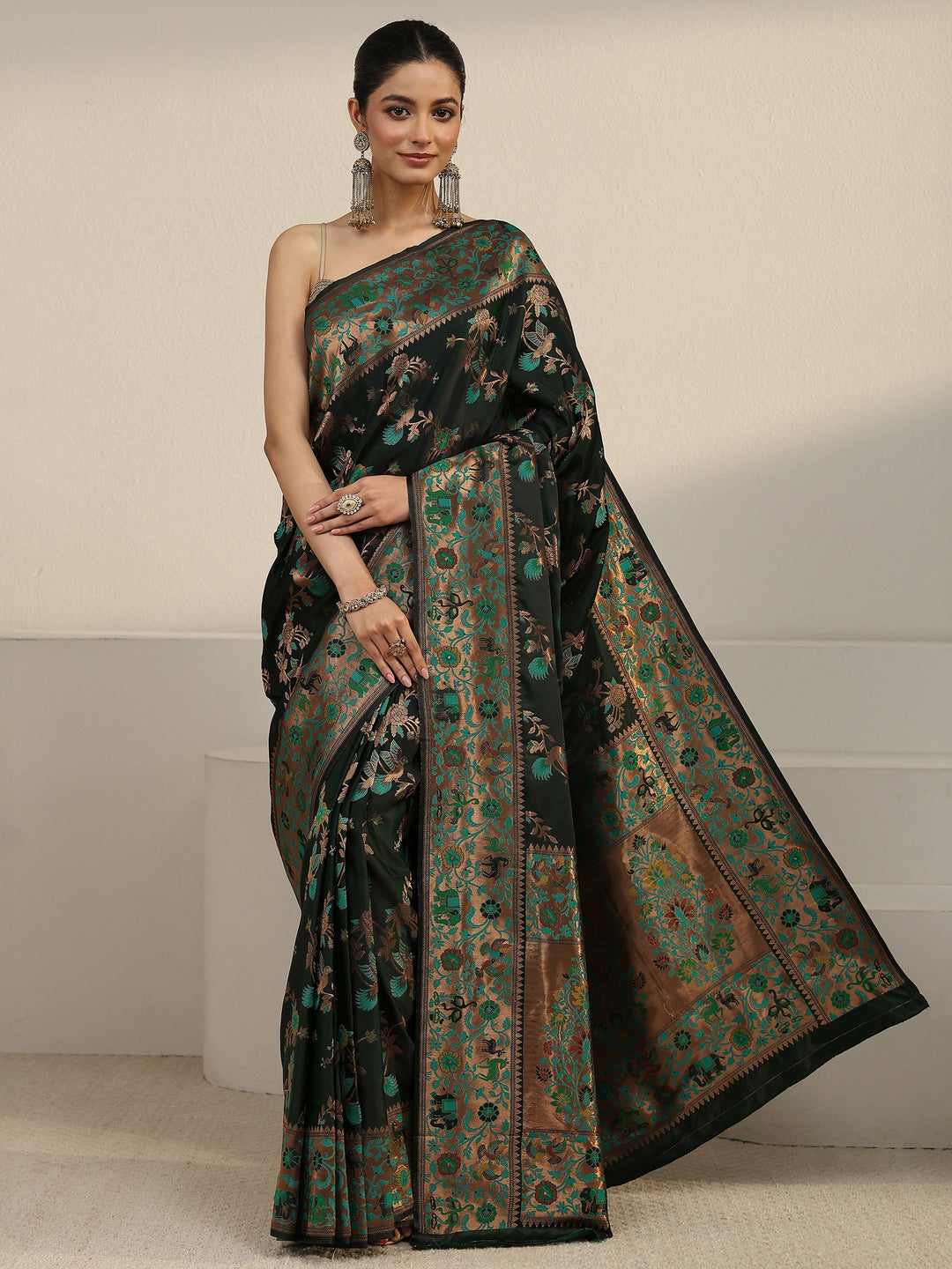  Libas Dark Green Floral Woven Design Satin Saree 