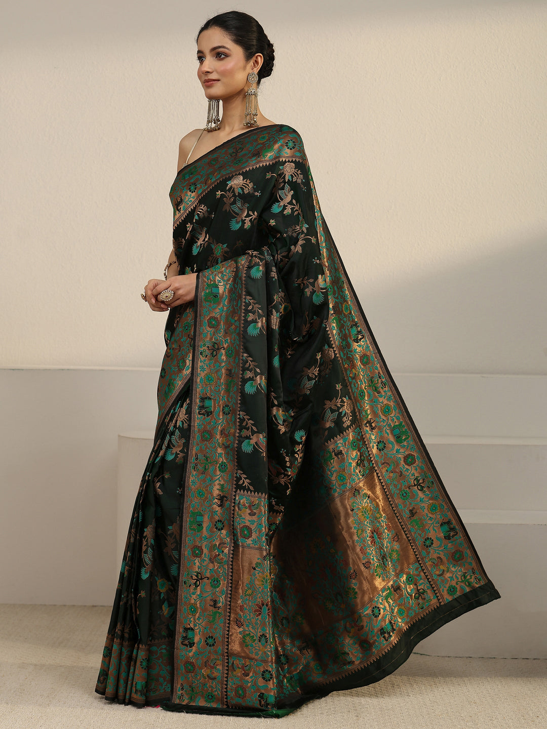  Libas Dark Green Floral Woven Design Satin Saree 