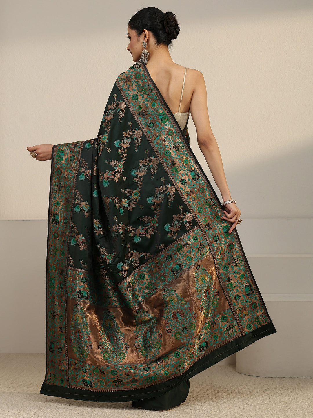  Libas Dark Green Floral Woven Design Satin Saree 