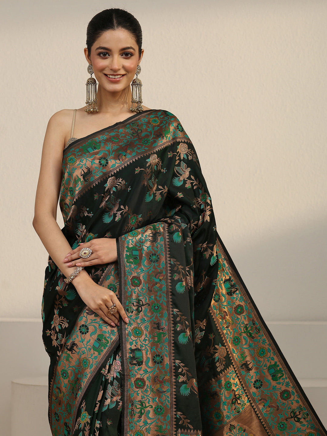  Libas Dark Green Floral Woven Design Satin Saree 