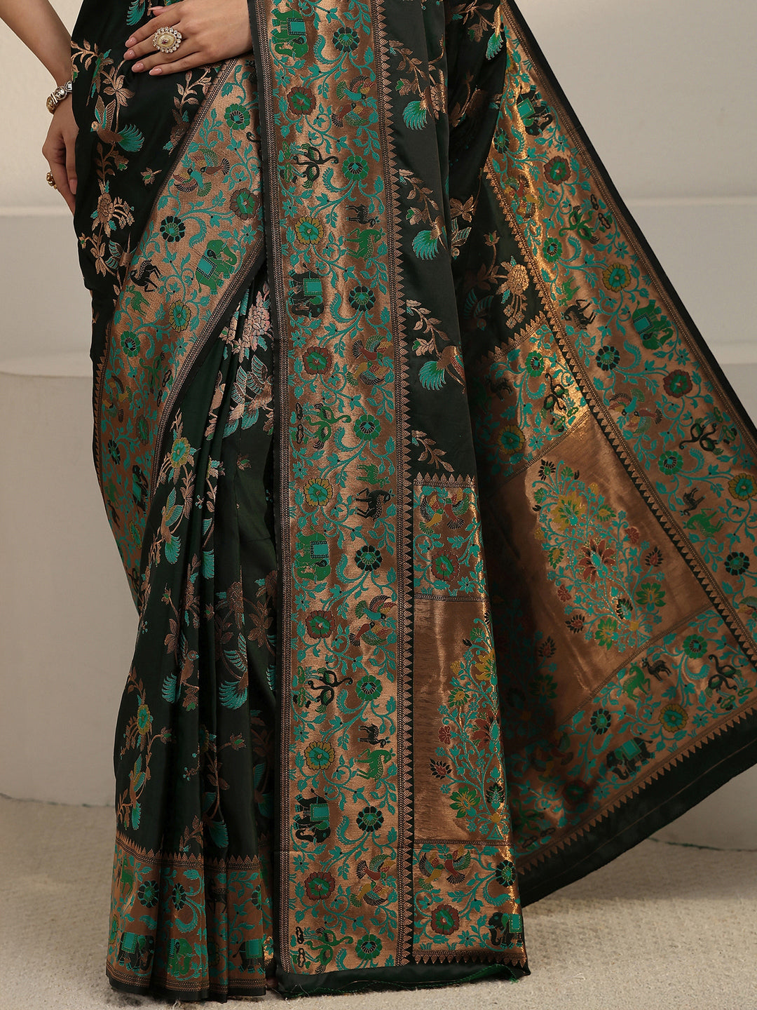 Libas Dark Green Floral Woven Design Satin Saree 